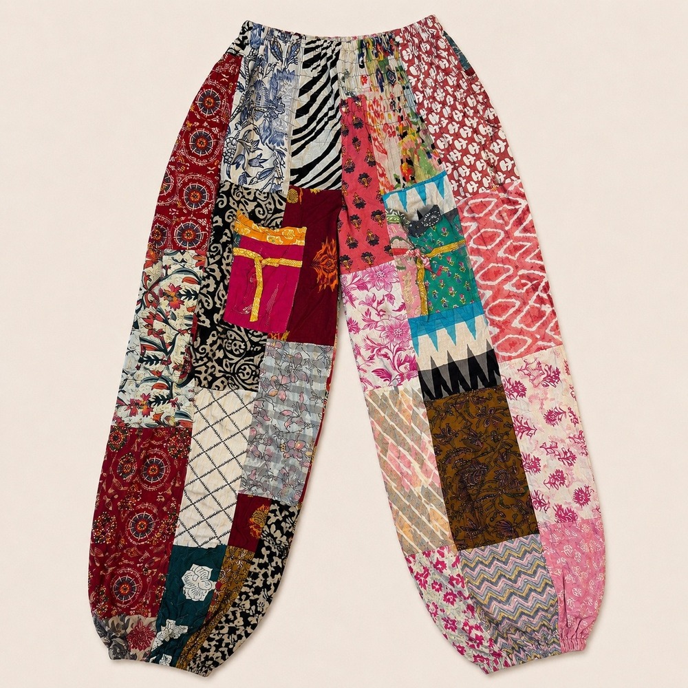 Boho Mixed Print Patchwork Harem Pants Elastic Waist Festival Maximalist Fairy